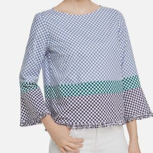 Tuckernuck Marella Damie Fringe Trim Button Back Checkerboard Top